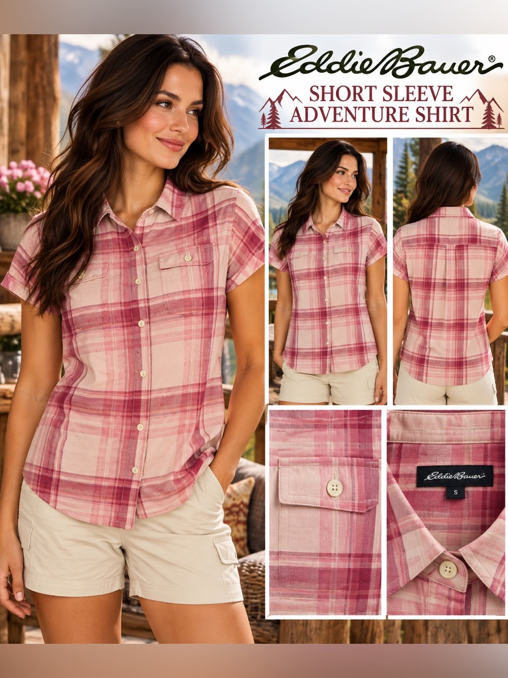 Eddie Bauer Plaid Short Sleeve Button-Down Shirt in Pink and Cream